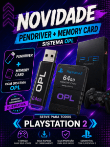 MEMORY CARD COM OPL + PENDRIVER 64GB COM JOGOS PARA PLAYSTATION 2