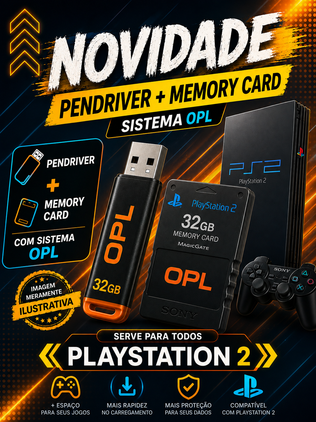 PENDRIVER 32GB COM JOGOS PARA PLAYSTATION 2